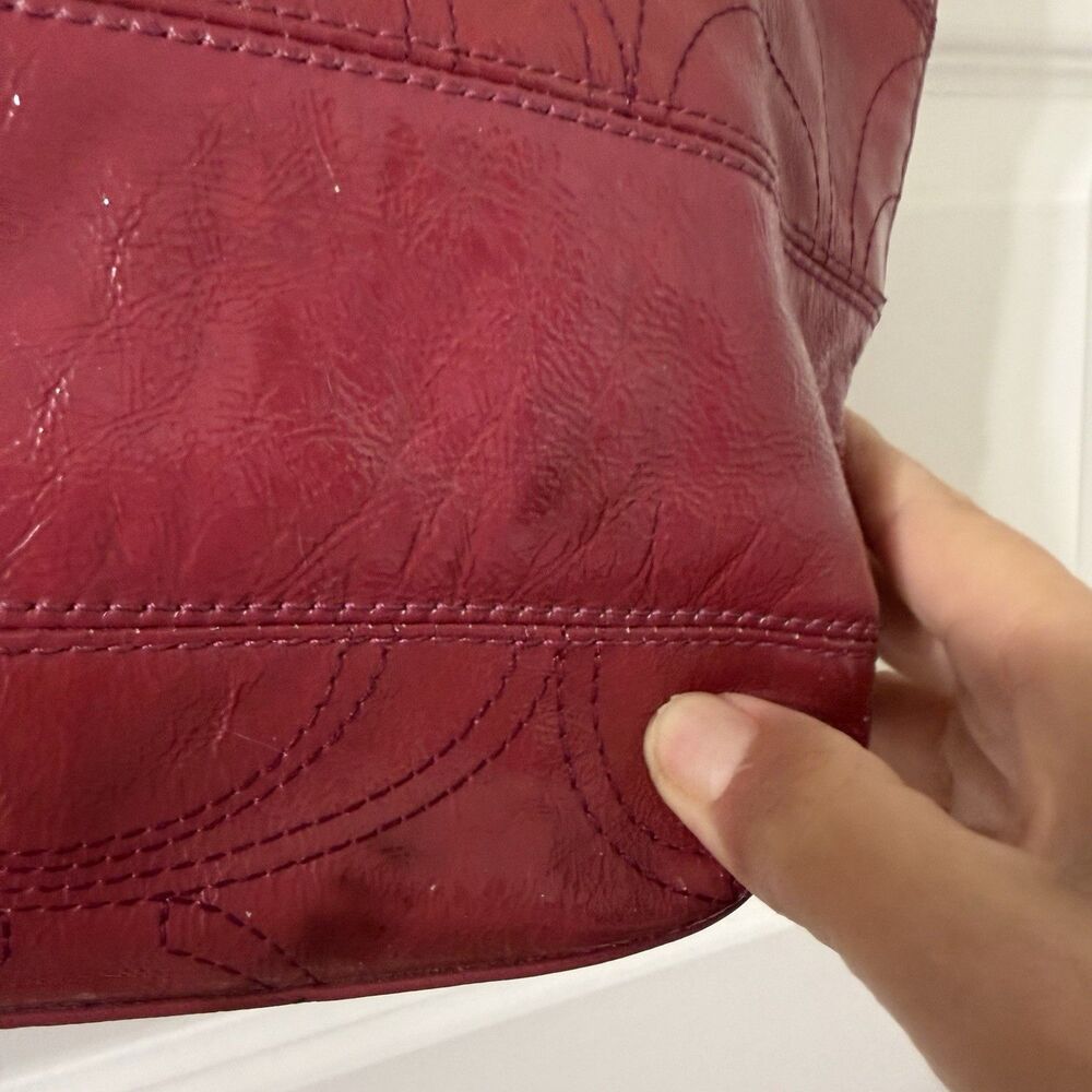 Coach Berry Pink Patent Leather Stitched C Signature Stripe Shoulder Bag. - Picture 14 of 16